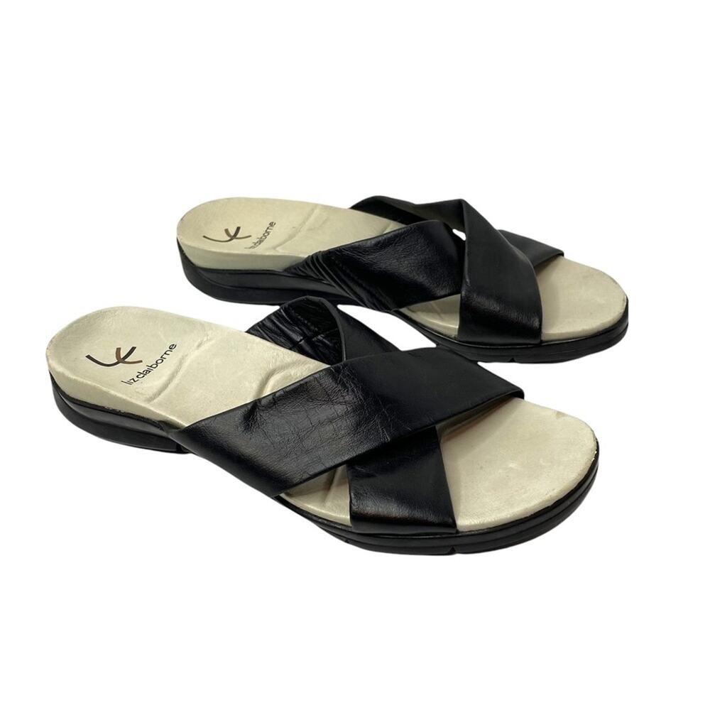 Liz Claiborne Alisa sandals 7.5 black leather criss cross strap slip on comfort